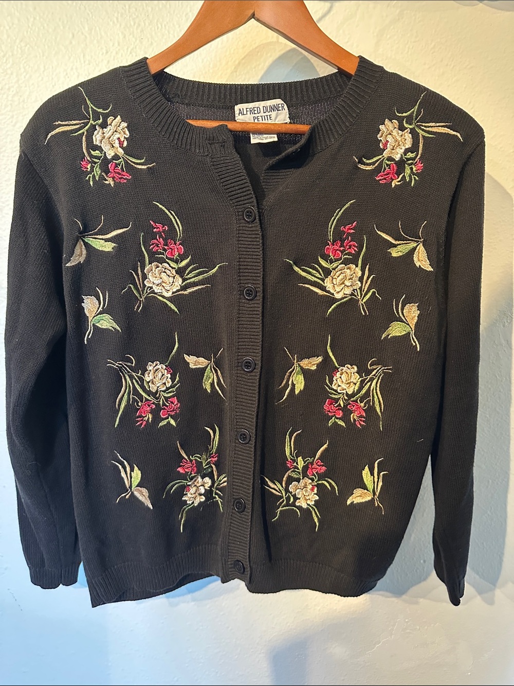 Alfred Dunner Black Cardigan with Pink & Cream Floral Embroidery